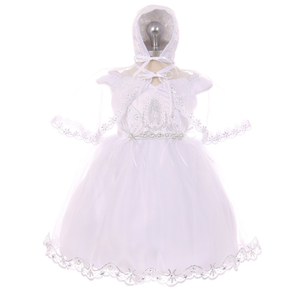 RainKids Baby Girls White Virgin Mary Detail Bonnet Cape Christening Dress 3-24M