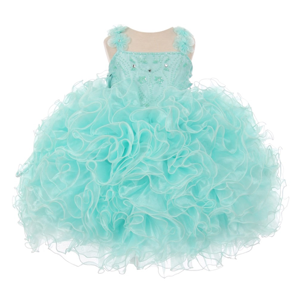 RainKids Baby Girls Aqua Beaded Cascade Ruffle Organza Pageant Dress 12-24M