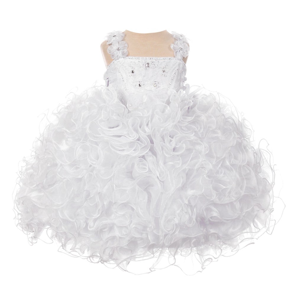 RainKids Baby Girls White Beaded Cascade Ruffle Organza Pageant Dress 12-24M