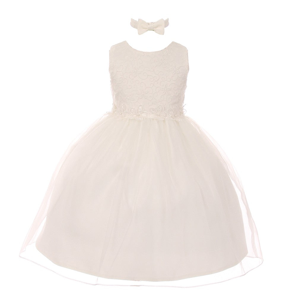 Little Girls Ivory Floral Trim Organza Overlay Flower Girl Dress 2-4T