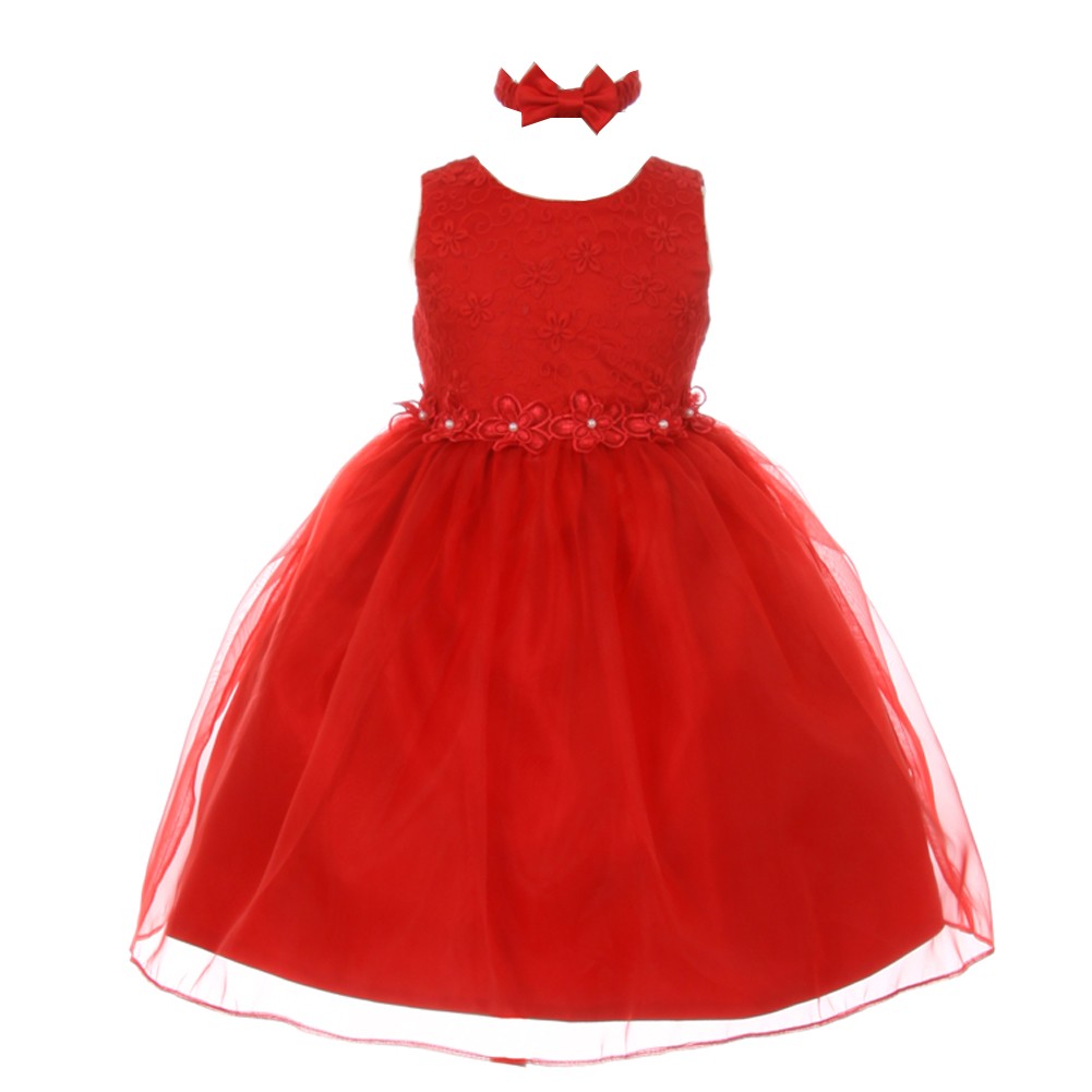 Baby Girls Red Floral Trim Organza Flower Girl Easter Dress 6-24M