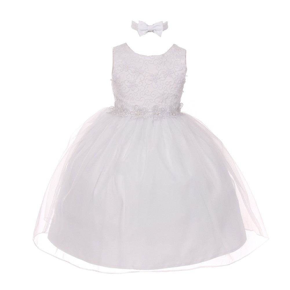 Baby Girls White Floral Trim Organza Overlay Flower Girl Dress Size 18 Months