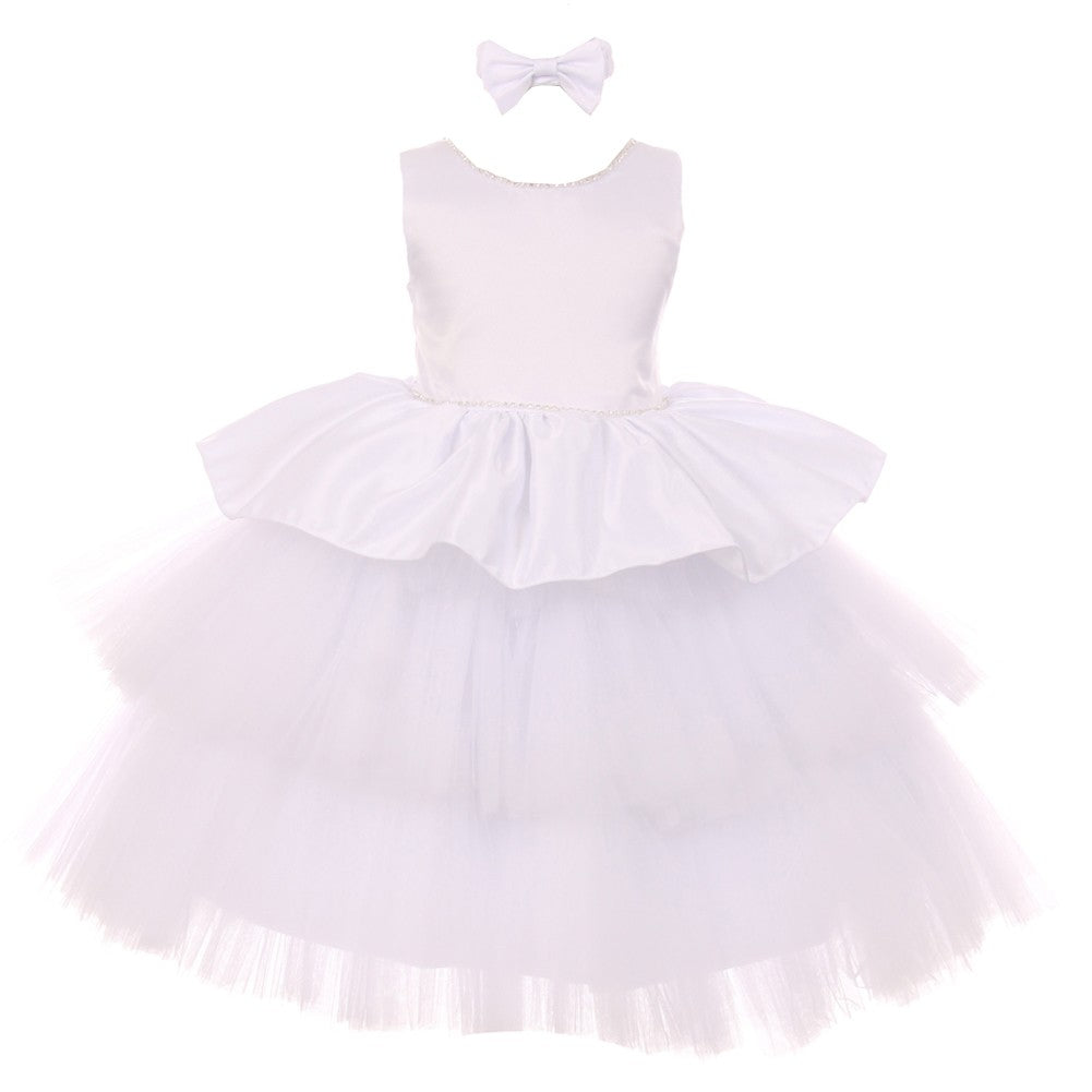 RainKids Little Girls White Rhinestone Satin Tulle Party Flower Girl Dress 2-4T