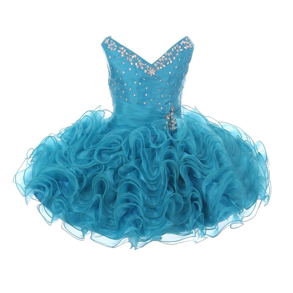 RainKids Baby Girls Turquoise Beading Ruffle Organza Short Pageant Dress 12-24M
