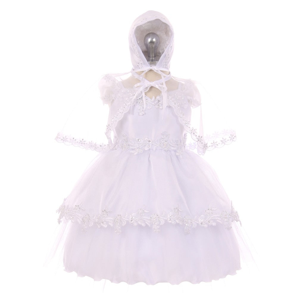 RainKids Baby Girls White Off-Shoulder Bonnet Cape Christening Dress 3-24M