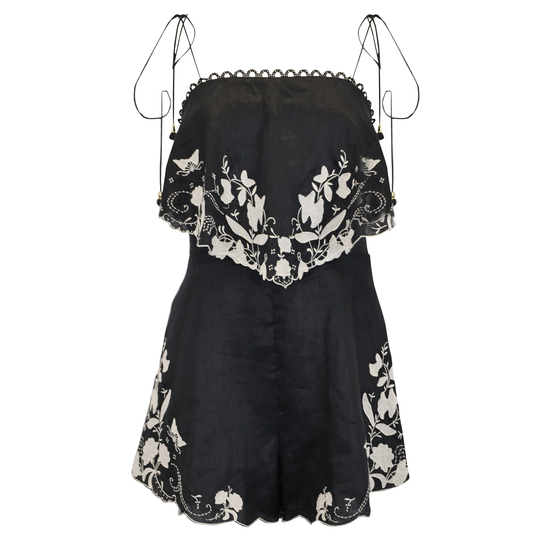 Zimmermann Floral Embroidered Juniper Linen Playsuit in Black Linen 7733716811836