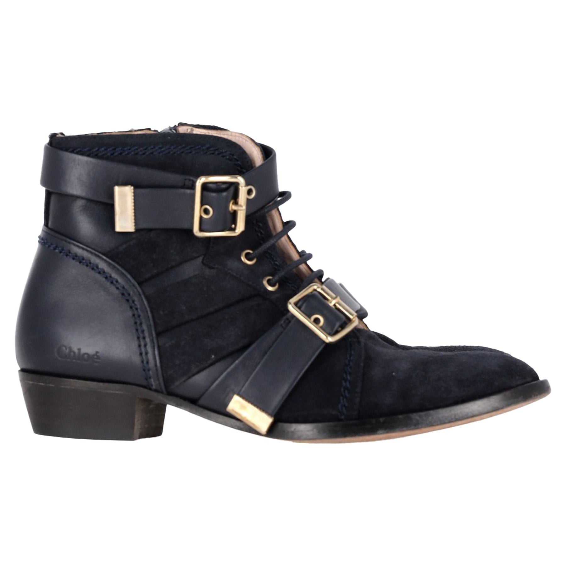 Chloé Buckled and Lace-Up Detail Ankle Boots in Black Suede 7833149505596