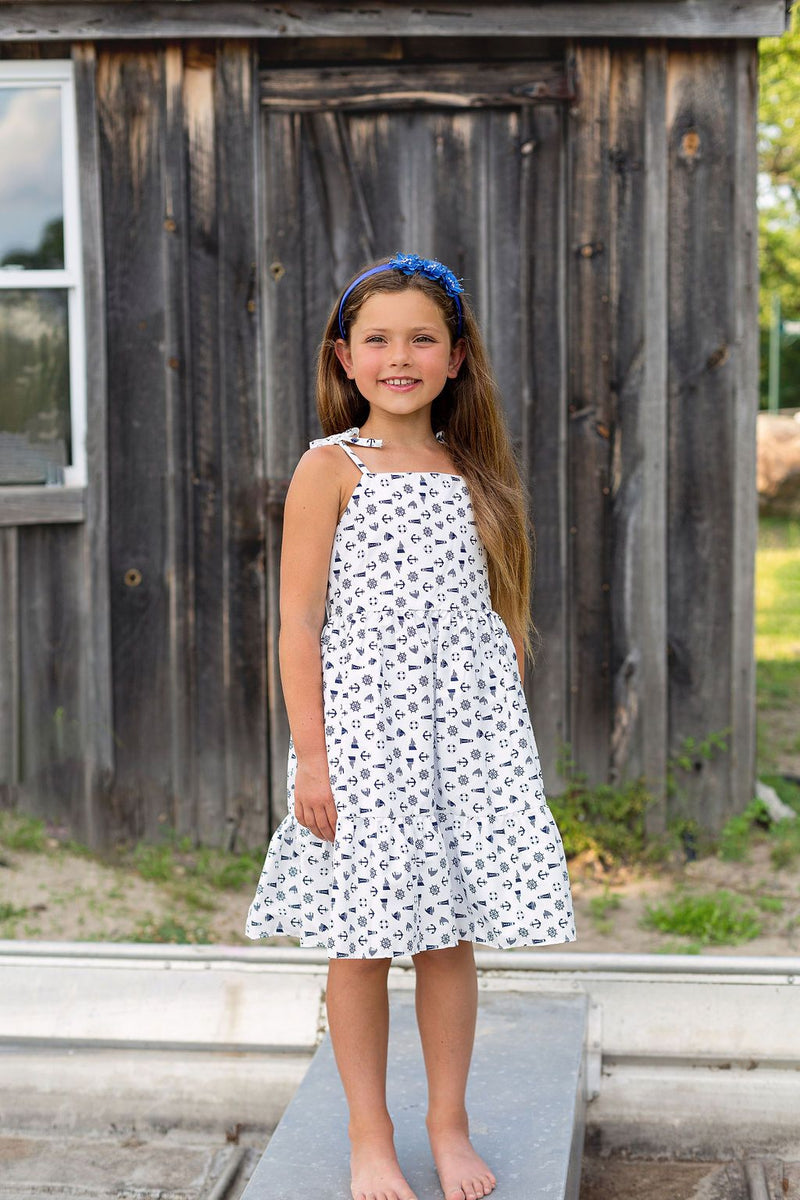 Girls White Nautical Print Shoulder Tie Cotton Dress, Sizes 2-14
