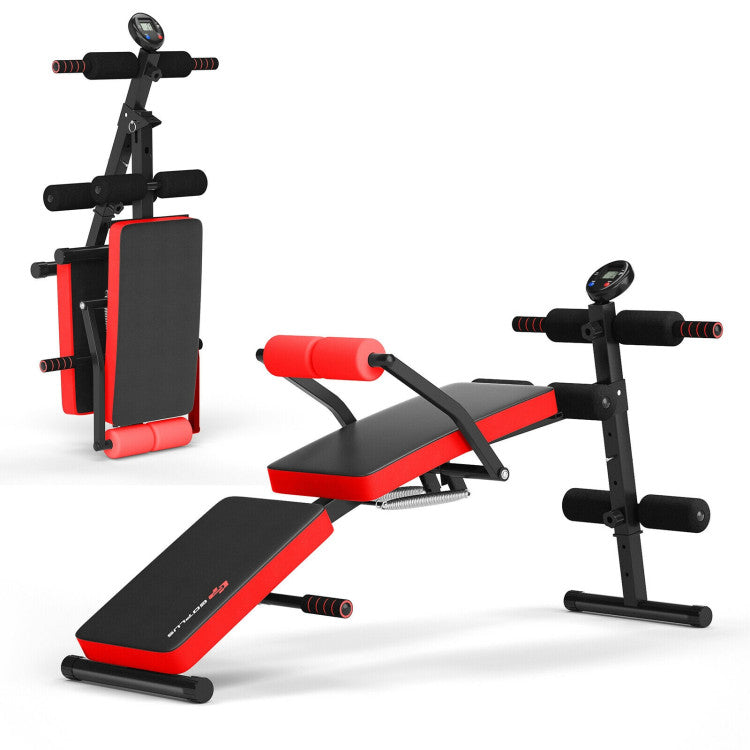 Adjustable Sit Up Bench with LCD Monitor-Red 7672890523708