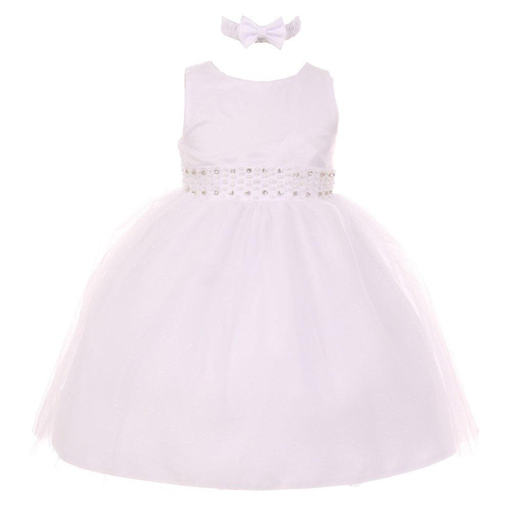 RainKids Baby Girls White Pearl Diamond Accent Tulle Flower Girl Dress 6-24M