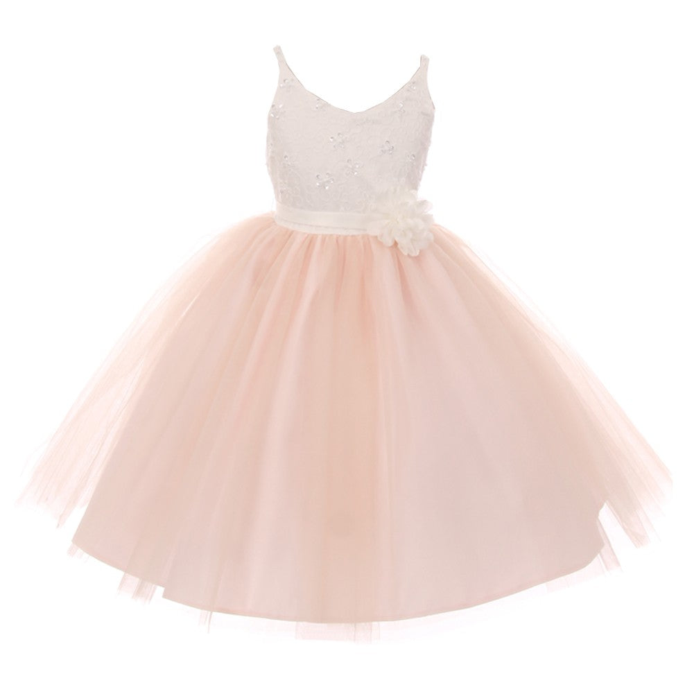 Big Girls Blush Pink Beaded Lace V-neck Special Occasion Dress 8-12