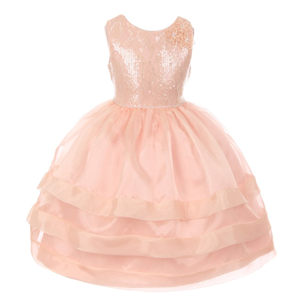 RainKids Little Girls Blush Sequin Lace Organza Overlaid Flower Girl Dress 2-6