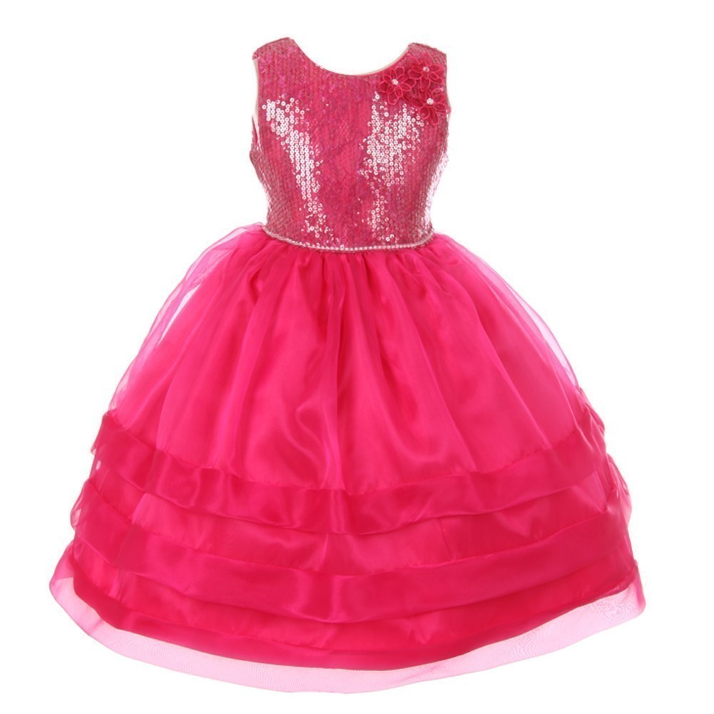 RainKids Little Girls Fuchsia Sequin Lace Organza Flower Girl Dress 2-6