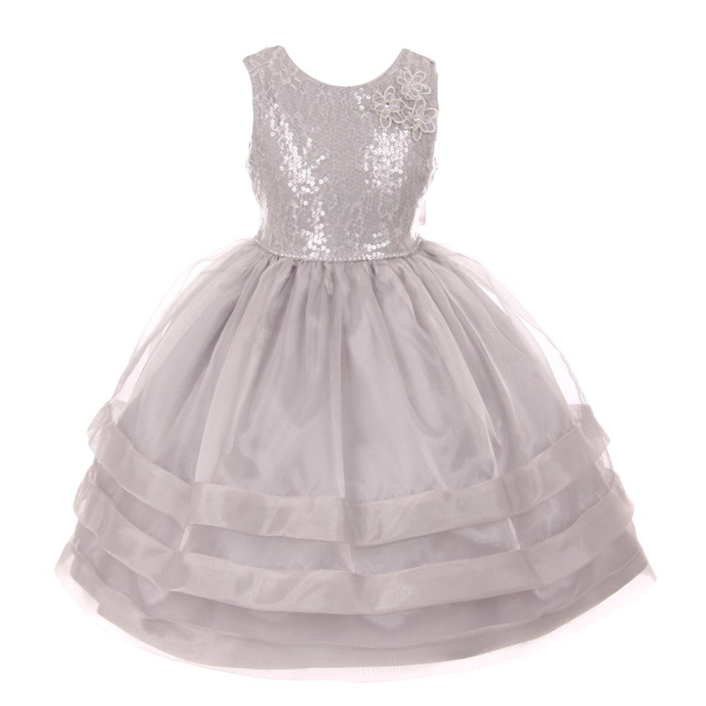 RainKids Big Girls Silver Sequin Lace Organza Junior Bridesmaid Dress 8-12