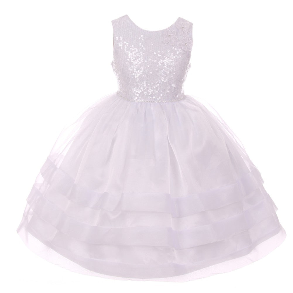 Big Girls White Sequin Lace Organza Flower Girl Dress 8-12