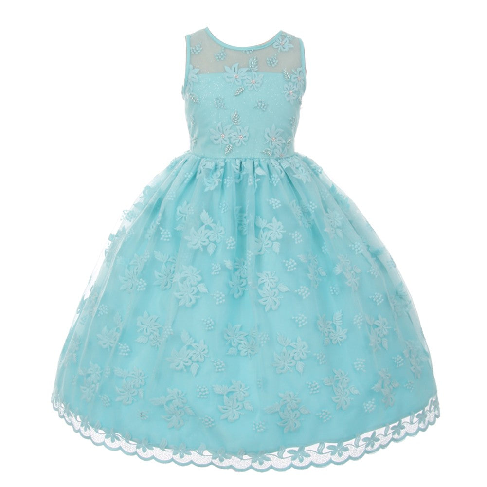 Little Girls Aqua Lace Pearl Adorned Flower Girl Easter Dress 2-6