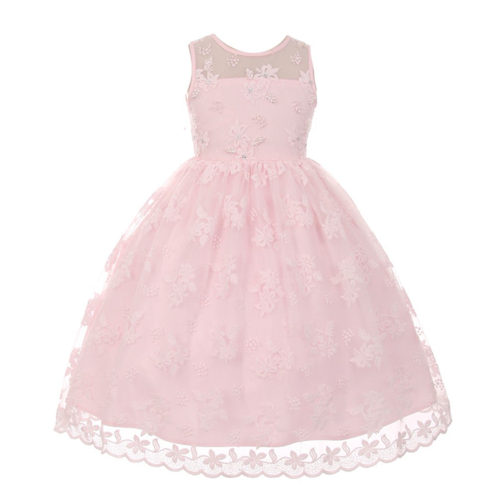 Big Girls Pink Lace Pearl Adorned Junior Bridesmaid Easter Dress 8-12