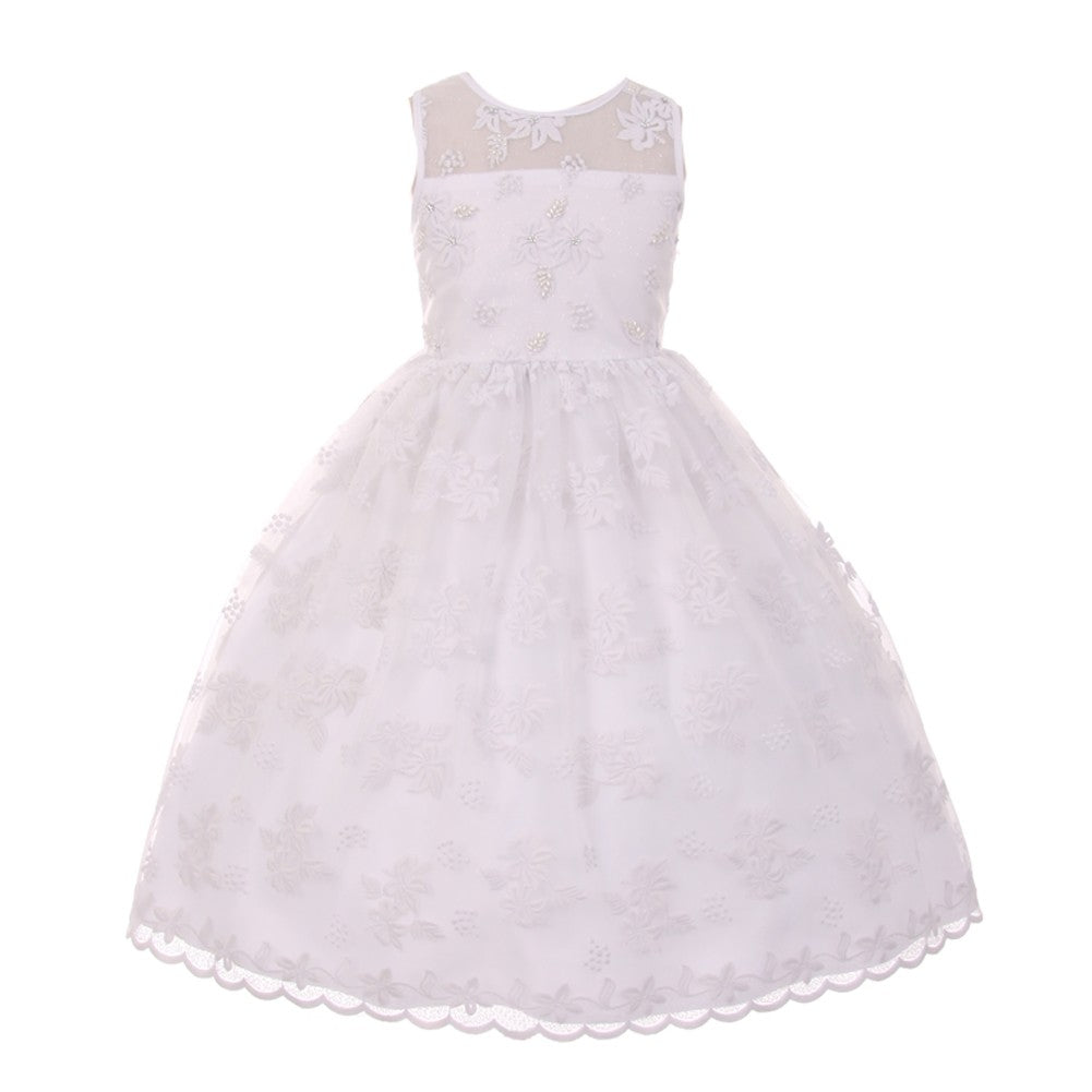 Little Girls White Lace Pearl Adorned Flower Girl Easter Dress 2-6