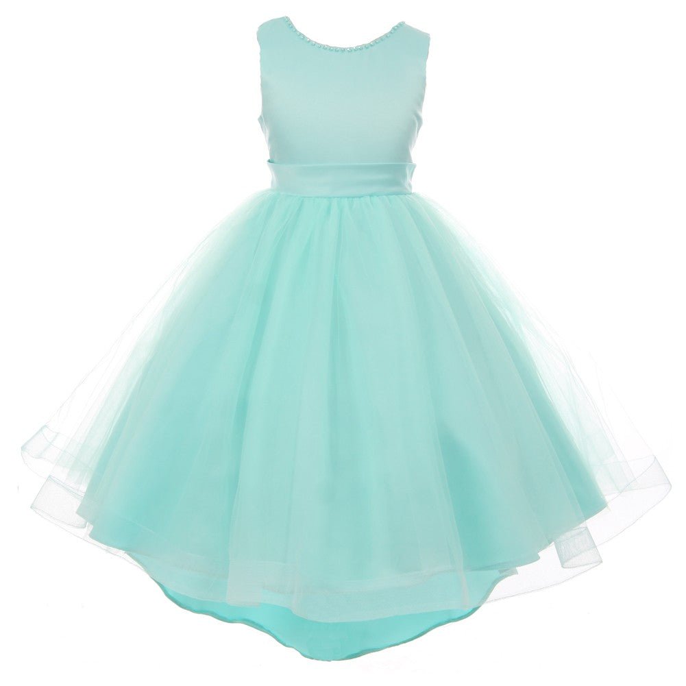 RainKids Little Girls Aqua Pearl Hi-Low Satin Tulle Flower Girl Dress 2-6