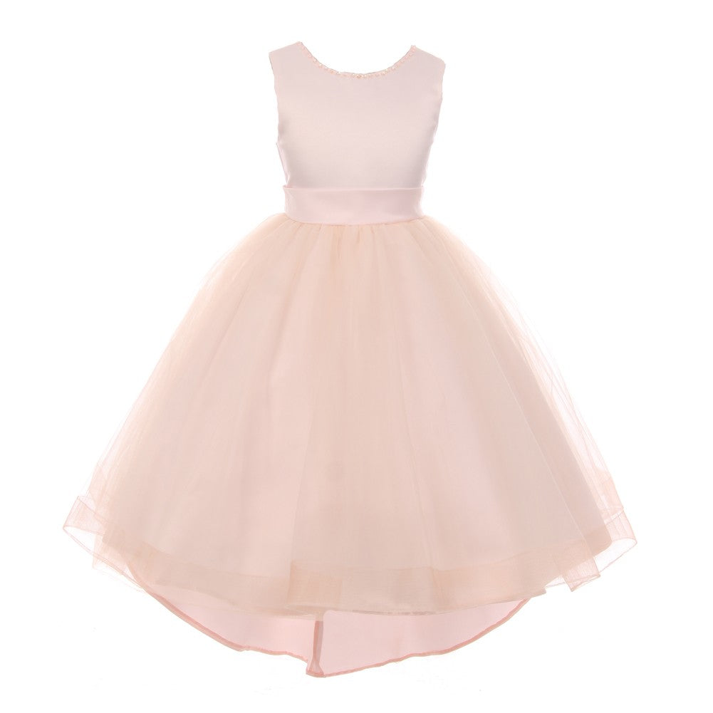 RainKids Big Girls Blush Pearl Hi-Low Satin Tulle Flower Girl Dress 8-12