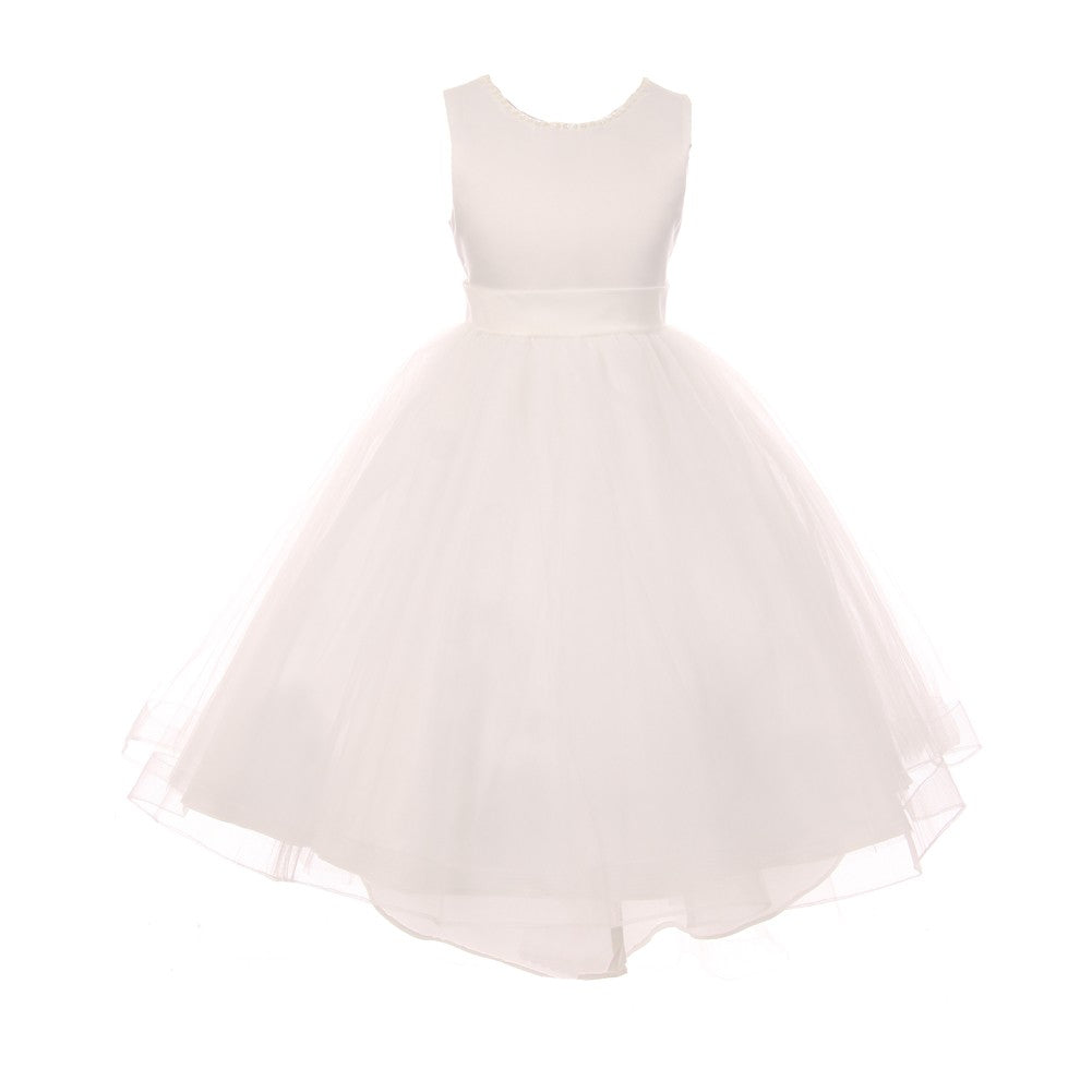 RainKids Little Girls Ivory Pearl Hi-Low Satin Tulle Flower Girl Dress 2-6