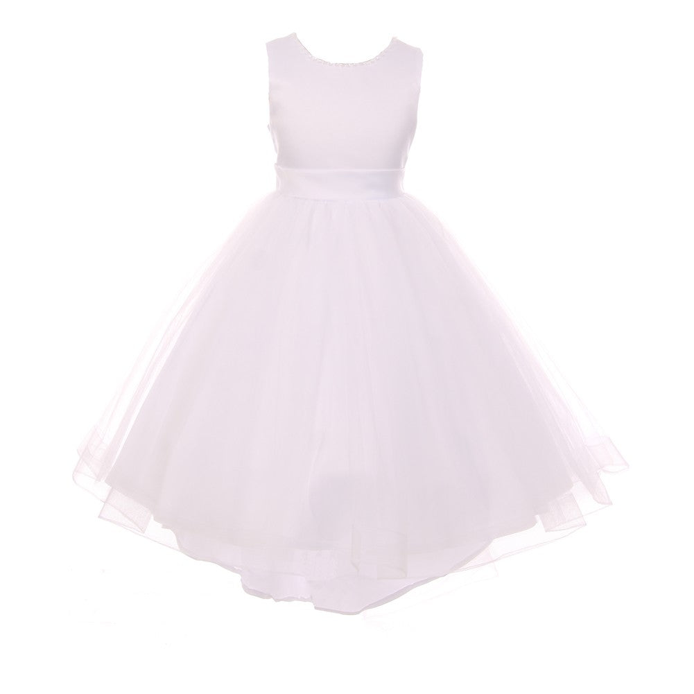 RainKids Little Girls White Pearl Hi-Low Satin Tulle Flower Girl Dress 2-6