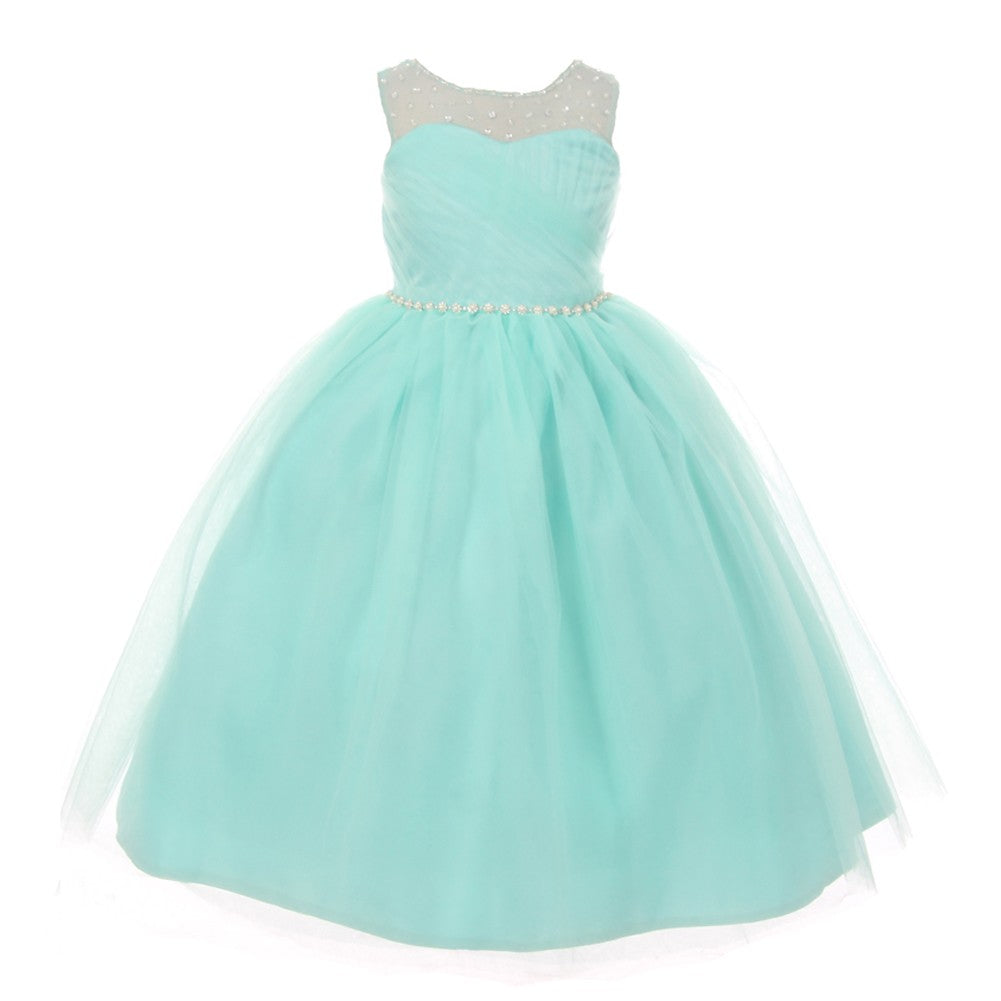 RainKids Big Girls Aqua Illusion Pearl Rhinestone Junior Bridesmaid Dress 8-12