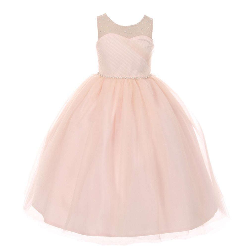 RainKids Big Girls Blush Illusion Pearl Rhinestone Junior Bridesmaid Dress 8-12