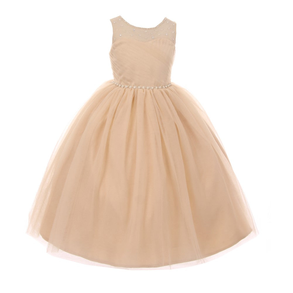Big Girls Champagne Pearl Rhinestone Tulle Junior Bridesmaid Dress 8-12