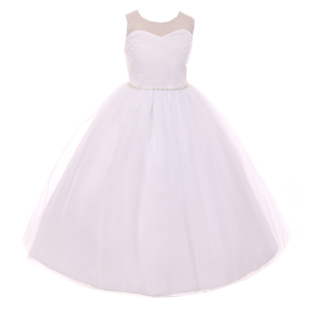 Big Girls White Pearl Rhinestone Tulle Junior Bridesmaid Dress 8-12