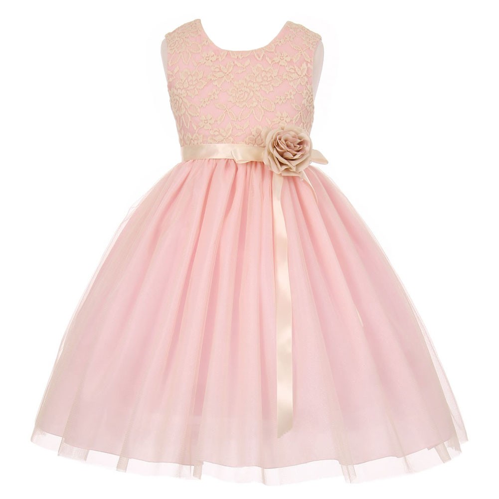Little Girls Pink Lace Satin Sash Corsage Tulle Flower Girl Dress 2-6