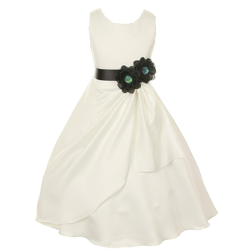 Little Girls Ivory Black Bridal Dull Satin Sequin Flowers Occasion Dress 2-6