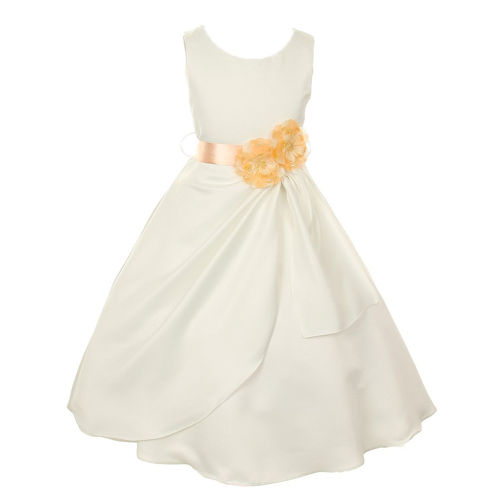 Little Girls Ivory Peach Bridal Dull Satin Sequin Flowers Occasion Dress 2-6