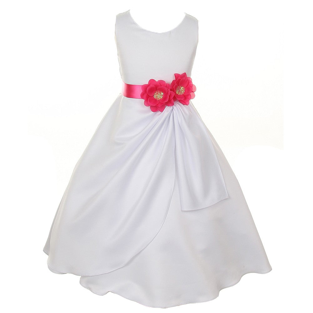 Little Girls White Fuchsia Bridal Dull Satin Sequin Flowers Occasion Dress 2-6