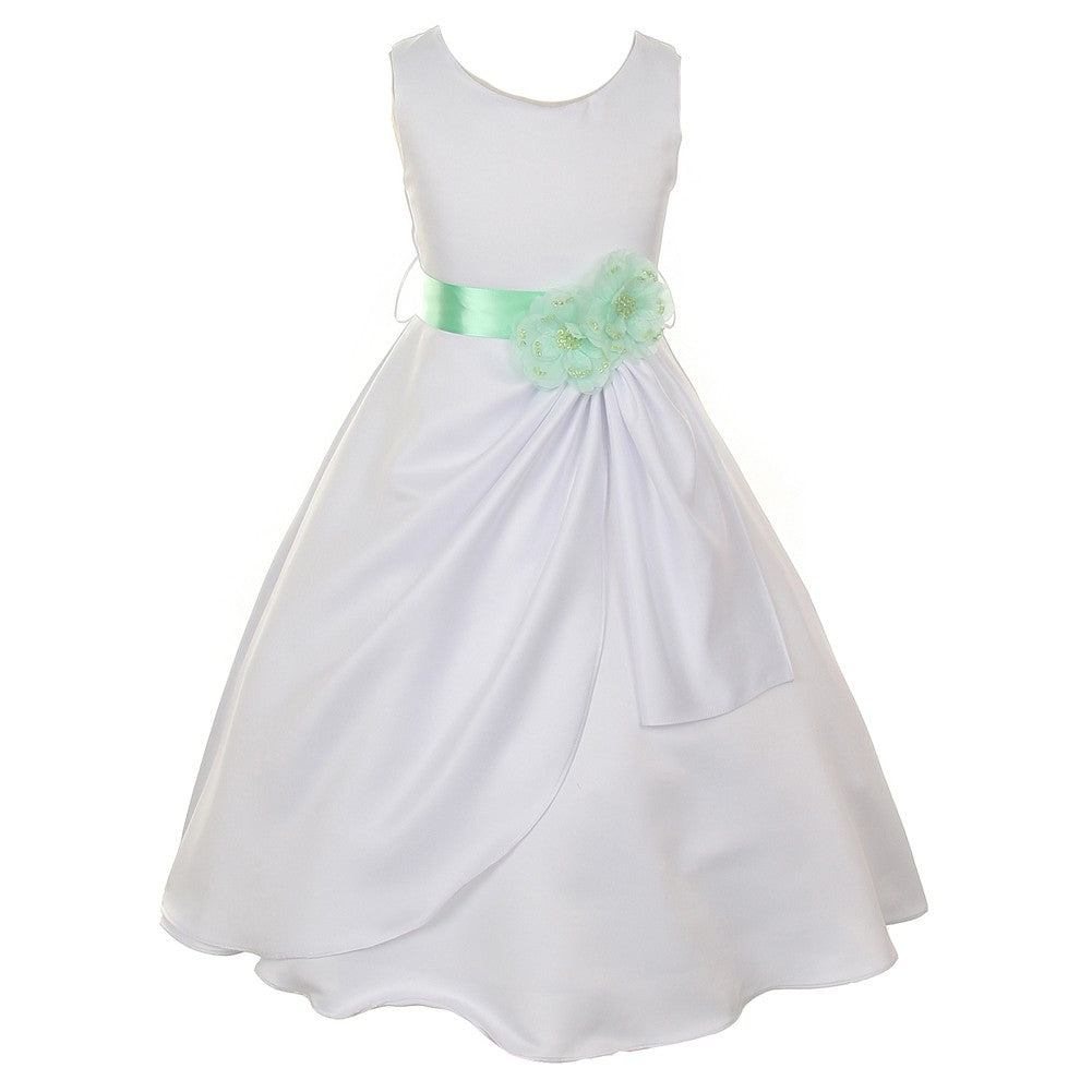 Little Girls White Mint Bridal Dull Satin Sequin Flowers Occasion Dress 2-6