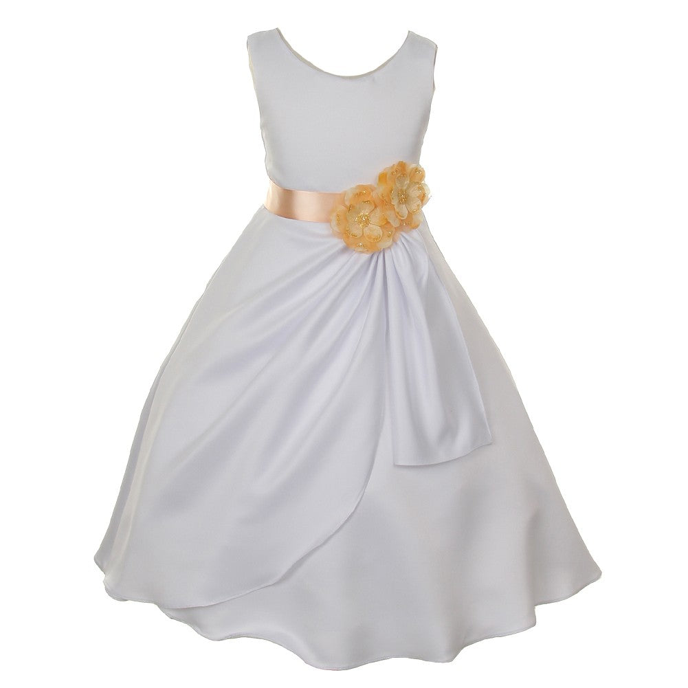 Little Girls White Peach Bridal Dull Satin Sequin Flowers Occasion Dress 2-6