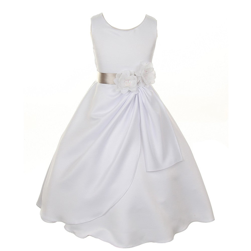 Little Girls White Silver Bridal Dull Satin Sequin Flowers Occasion Dress 2-6