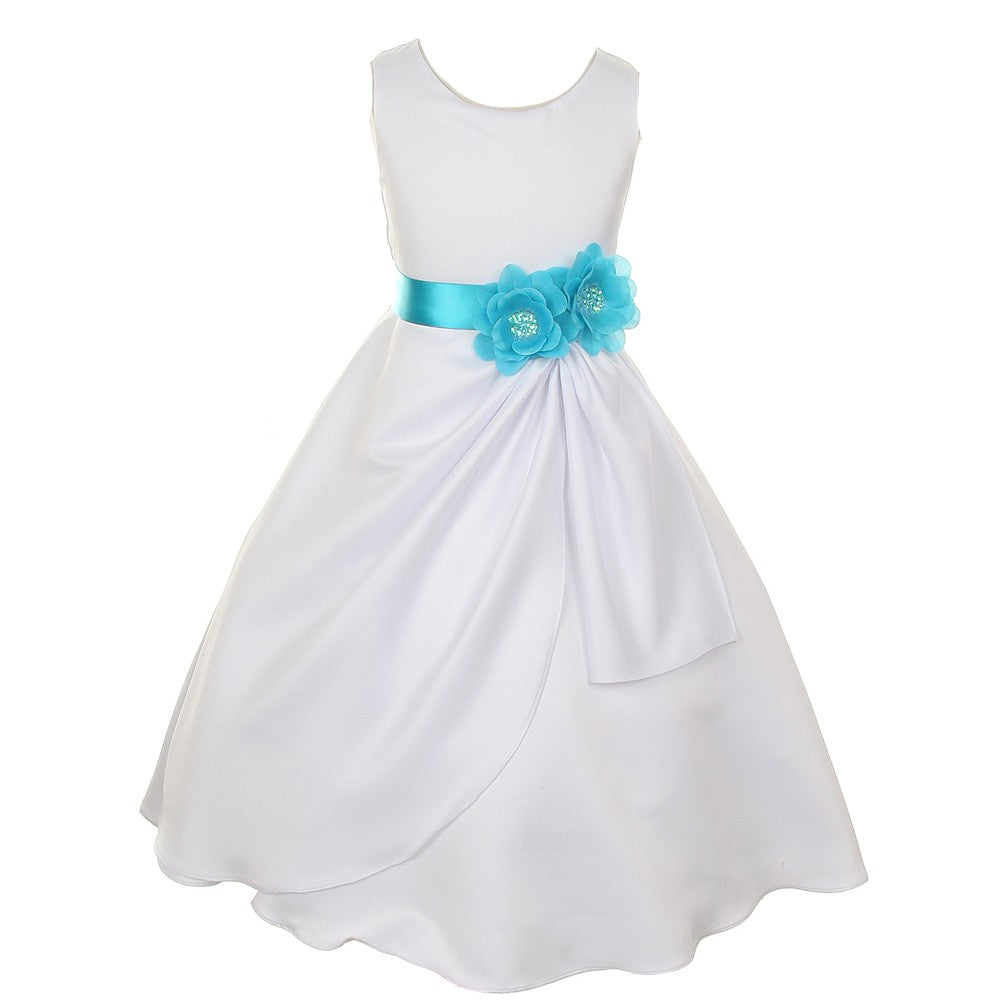 Little Girls White Turquoise Bridal Dull Satin Sequin Flowers Occasion Dress 2-6
