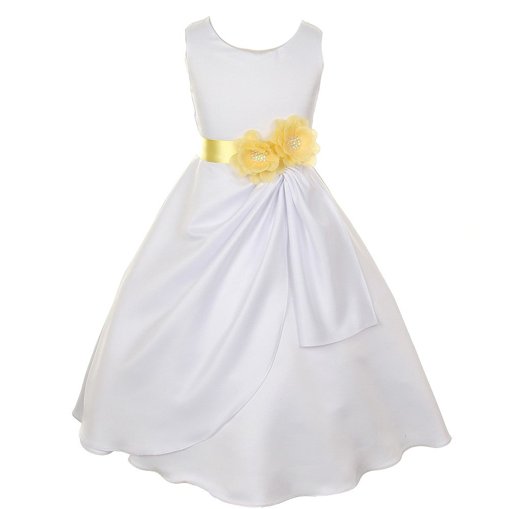 Big Girls White Yellow Bridal Dull Satin Sequin Flowers Occasion Dress 8-14
