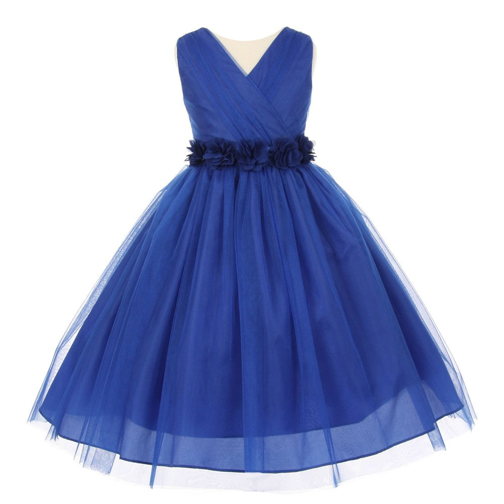 Little Girls Royal Blue Chiffon Floral Sash Tulle Flower Girl Dress 2-6