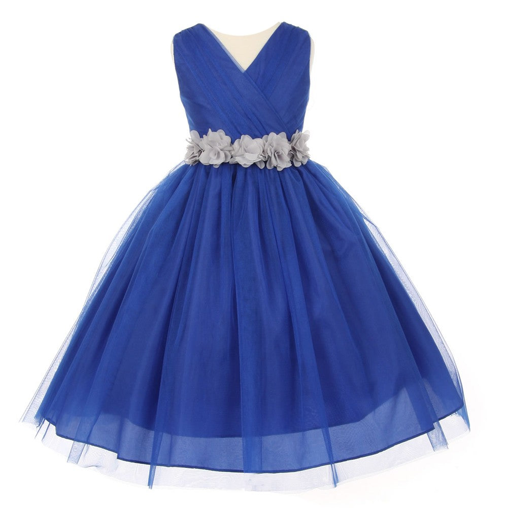 Little Girls Royal Blue Silver Chiffon Floral Sash Tulle Flower Girl Dress 2-6