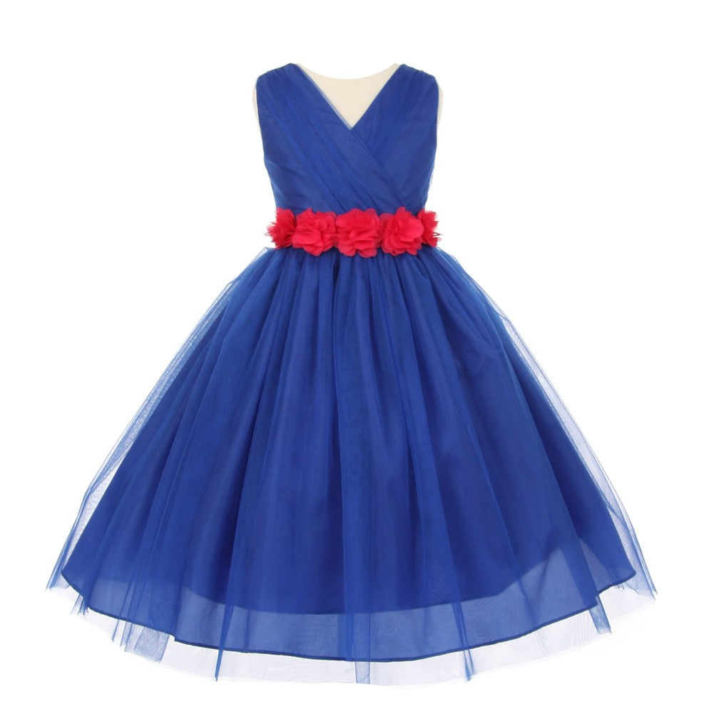 Little Girls Royal Blue Fuchsia Chiffon Floral Sash Tulle Flower Girl Dress 2-6