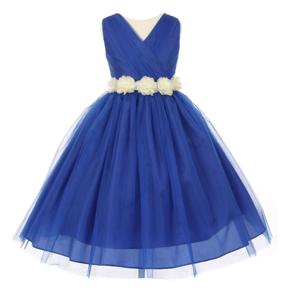 Little Girls Royal Blue Ivory Chiffon Floral Sash Tulle Flower Girl Dress 2-6