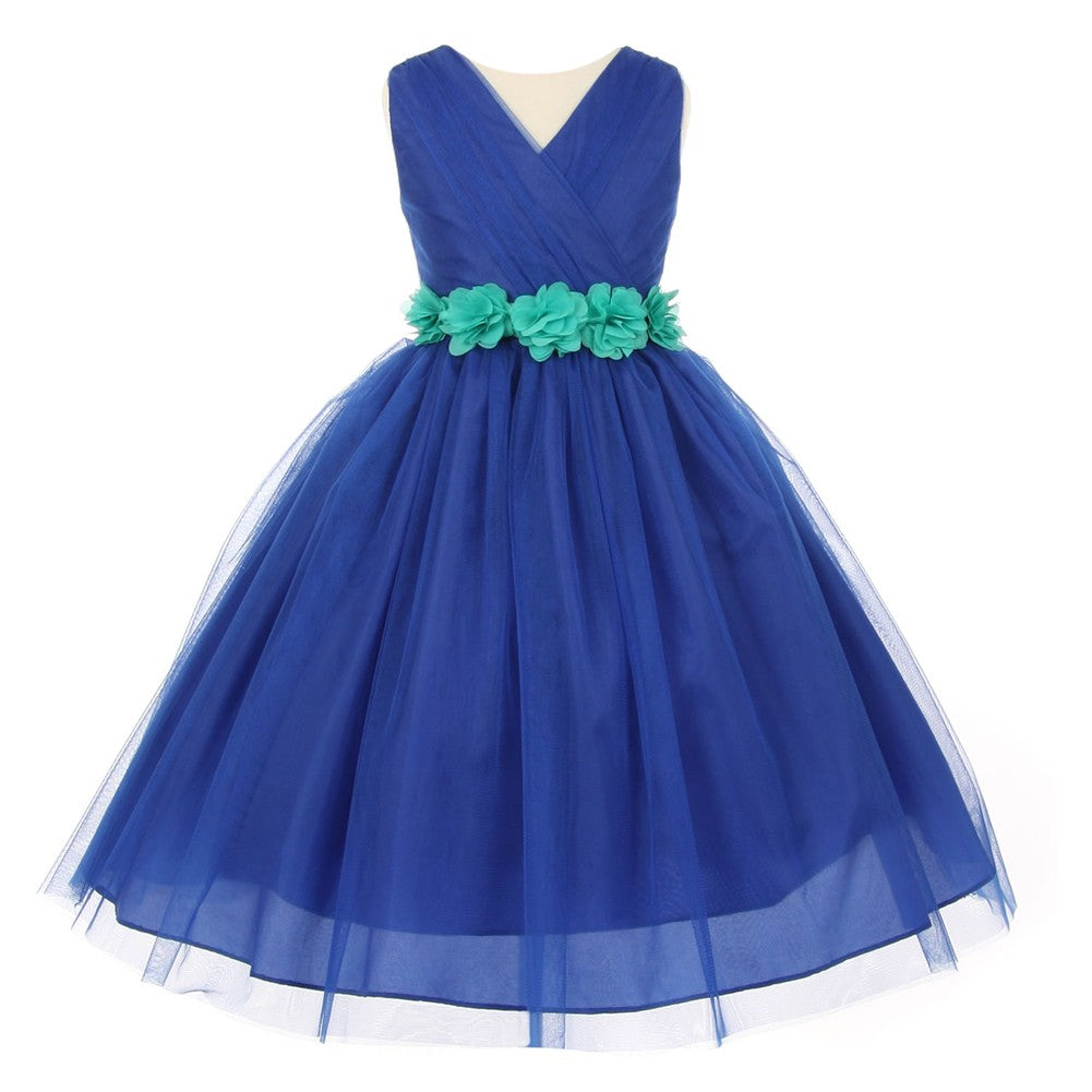 Little Girls Royal Blue Jade Chiffon Floral Sash Tulle Flower Girl Dress 2-6