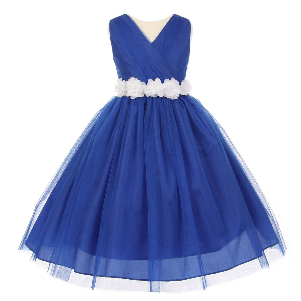 Big Girls Royal Blue White Chiffon Flowers Tulle Junior Bridesmaid Dress 8-14