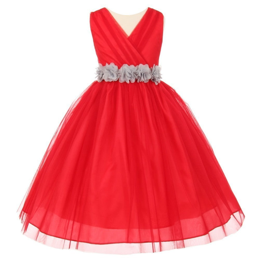 Big Girls Red Silver Chiffon Flowers Tulle Junior Bridesmaid Dress 8-14