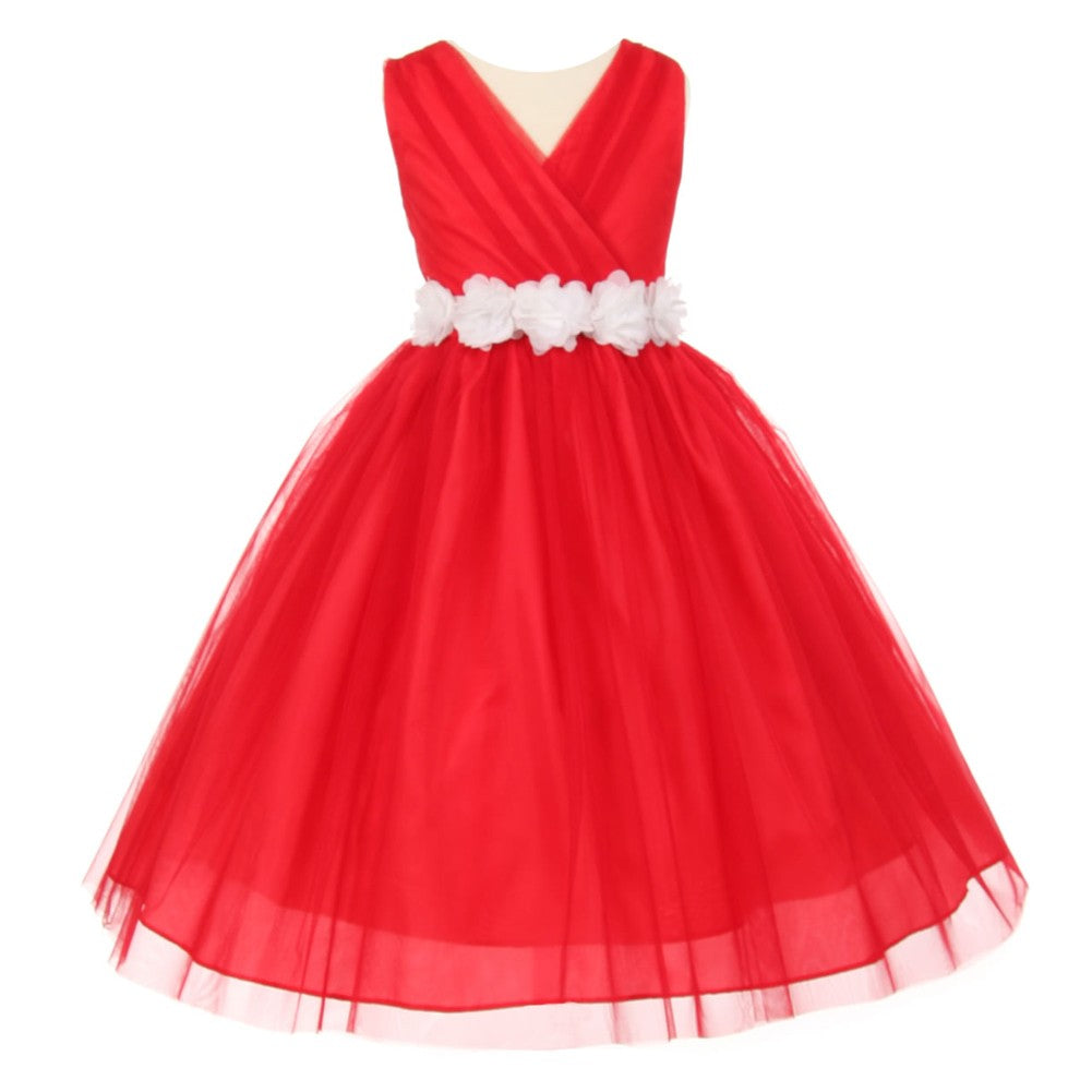 Big Girls Red White Chiffon Flowers Tulle Junior Bridesmaid Dress 8-14