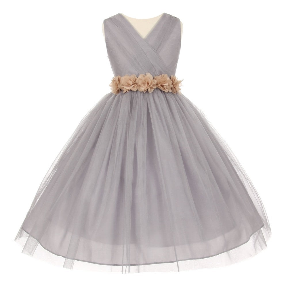 Big Girls Silver Champagne Chiffon Flowers Tulle Junior Bridesmaid Dress 8-14