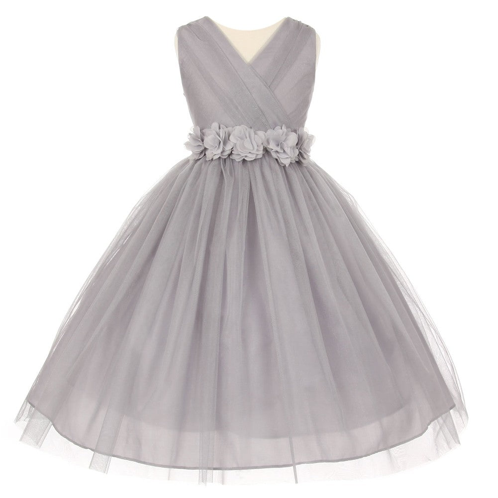 Big Girls Silver Chiffon Flowers Shiny Tulle Junior Bridesmaid Dress 8-14