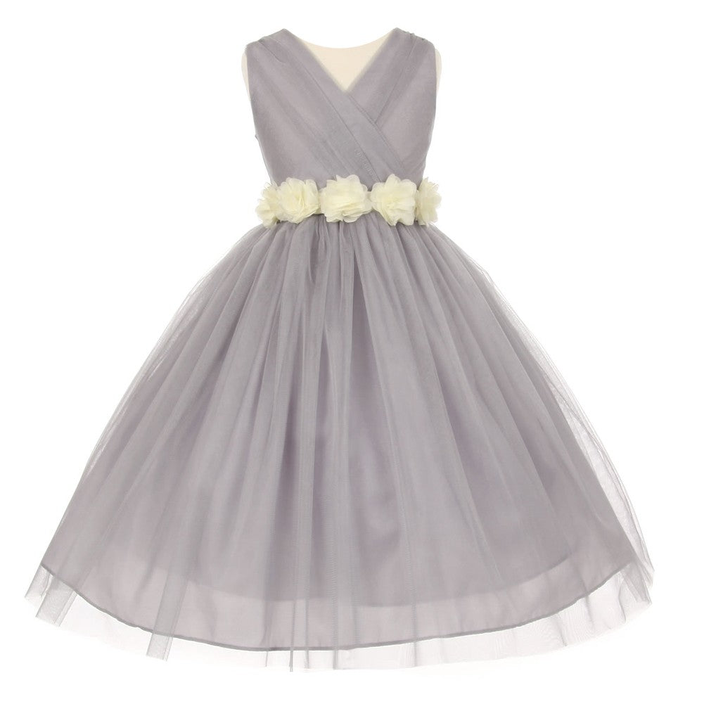 Little Girls Silver Ivory Chiffon Floral Sash Tulle Flower Girl Dress 2-6